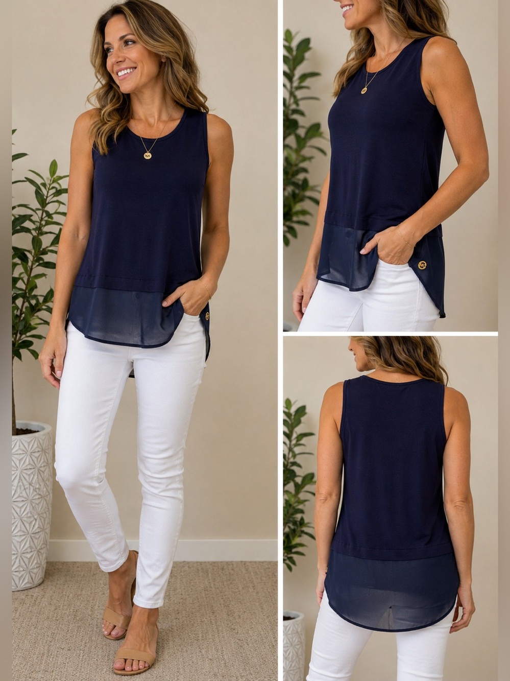 Michael Michael Kors Navy Layered Sheer Hem Tank | Size S